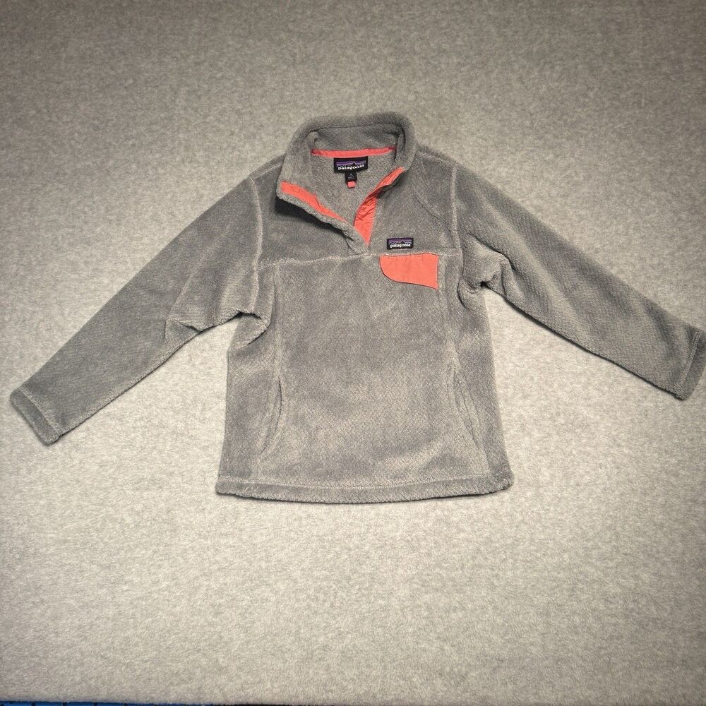 Patagonia Retool Fleece Sweater Girls Small 7/8 Gray 1/4 Snap Fuzzy Sweatshirt